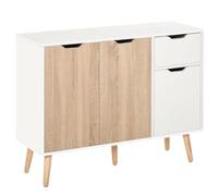 HOMCOM Buffet Meuble Rangement Scandinave 2 Placards Blanc Chêne Clair | Tiroir Coulissant, Pieds Bois Massif Pin, Panneaux Particules