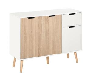 HOMCOM Buffet Meuble Rangement Scandinave 2 Placards Blanc Chêne Clair | Tiroir Coulissant, Pieds Bois Massif Pin, Panneaux Particules