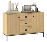 Buffet Industriel - 2 Portes, 3 Tiroirs - Métal Noir Aspect Bois Clair Beige