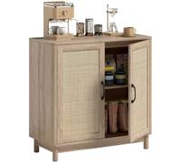 HOMCOM Buffet Salon 2 Portes en Rotin Style Bohème 76 x 35 x 75,5 cm Chêne | Meuble de Rangement, Étagère Réglable, Bords Arrondis, Buffet Salle à Manger et Cuisine