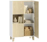 HOMCOM Buffet Salon 6 Compartiments 80 x 40 x 135 cm Blanc Bois Naturel | Meuble de Rangement, Portes à Fermeture Amortie, Style Moderne, Buffet Salle à Manger et Cuisine