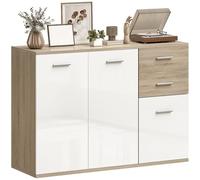 HOMCOM Buffet Salon à Haut Brillance, Meuble de Rangement avec 2 tiroirs, 3 Portes et étagère réglable, Style Contemporain, Buffet Salle à Manger et Cuisine, 106 x 35 x 76 cm, Blanc et Bois Naturel