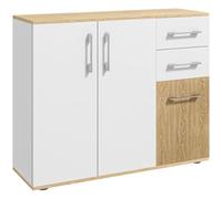 HOMCOM Buffet Salon avec 3 Portes, 90 x 30 x 75,5 cm, Blanc Bois Naturel | Meuble de Rangement, 2 Tiroirs, Étagère Réglable, Style Moderne, Buffet Salle à Manger, Cuisine et Salon