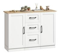 HOMCOM Buffet Salon Bas, 2 Portes 110 x 35 x 80,4 cm Blanc Bois Naturel | Meuble de Rangement, Fermeture Douce, 3 Tiroirs, Style Moderne, Buffet Salle à Manger, Cuisine