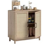 HOMCOM Buffet Salon, Meuble de Rangement avec 2 Portes en rotin, étagère réglable et Bords arrondis, Style bohème, Buffet Salle à Manger et Cuisine, 76 x 35 x 75,5 cm, chêne
