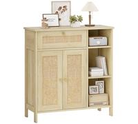 HOMCOM Buffet Salon, Meuble de Rangement avec 2 Portes en rotin, tiroir, Compartiments Ouverts et étagères réglables, Style bohème, Buffet Salle à Manger et Cuisine, 75 x 30 x 79,5 cm, Bois Naturel