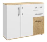 HOMCOM Buffet Salon, Meuble de Rangement avec 3 Portes, 2 tiroirs et étagère réglable, Style Moderne, Buffet Salle à Manger, Cuisine et Salon, 90 x 30 x 75,5 cm, Blanc et Bois Naturel