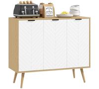 HOMCOM Buffet Salon, Meuble de Rangement avec 3 Portes et étagère réglable, Pieds en Bois de pin, Buffet Salle à Manger Cuisine et Chambre, 91,5 x 35 x 77,4 cm, Blanc et Bois Naturel