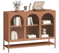 HOMCOM Buffet Salon, Meuble de Rangement avec 3 Portes vitrées cintrées et étagère Ouverte, Cadre en Acier, Style Industriel, Buffet Salle à Manger et Cuisine, 140 x 40 x 105 cm, Rouille