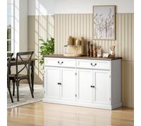 HOMCOM Buffet salon, meuble de rangement avec 4 portes, 2 tiroirs silencieux, étagères réglables, 140x40x85cm, blanc et marron