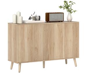 HOMCOM Buffet salon, meuble de rangement avec 4 portes cannelés à ouverture par pression 120 x 35 x 77,5 cm, chêne