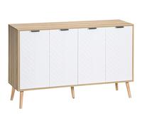 HOMCOM Buffet Bas, Meuble de Rangement, étagères réglables, 2 placards, 4 Portes Motif Chevrons, pour Cuisine, Salle à Manger, Salon, 120 x 35 x 77,4 cm, Blanc et Bois Naturel