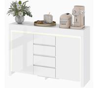 HOMCOM Buffet salon, meuble de rangement avec éclairage LED 4 tiroirs portes à fermeture douce 120 x 34 x 80 cm, blanc brillant