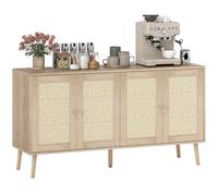 HOMCOM Buffet Salon Meuble de Rangement avec placards à Portes en cannage et étagère réglable, pour Salon, Salle à Manger, dim. 140 x 40 x 75 cm, Effet Bois Naturel Clair
