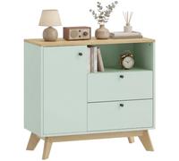 HOMCOM Buffet Salon, Style Moderne, 80 x 35 x 76,3 cm, Vert Clair et Chêne | Meuble de Rangement avec Porte, 2 Tiroirs, Compartiment Ouvert, Étagère Réglable, Buffet Salle à Manger et Cuisine