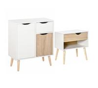 HOMCOM Buffet + Table de Chevet, avec tiroirs et placards, Design scandinave, Blanc et Bois Naturel