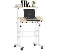 HOMCOM Bureau Assis Debout, Bureau réglable en Hauteur 60 x 60 cm, Table Ordinateur à roulettes avec Plateau inclinable, Poste de Travail pour Chambre, Petits espaces, Naturel
