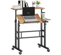 HOMCOM Bureau Assis Debout, Bureau réglable en Hauteur 70 x 60 cm, Table Ordinateur à roulettes avec Plateau inclinable, Poste de Travail pour Chambre, Petits espaces, Marron