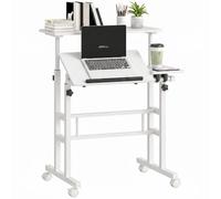 HOMCOM Bureau Assis Debout Bureau Réglable en Hauteur 70x60cm Blanc | Table Ordinateur à Roulettes, Plateau Inclinable, Poste de Travail pour Chambre, Petits Espaces