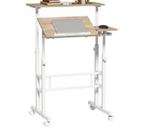 HOMCOM Bureau Assis Debout Bureau Réglable en Hauteur 70x60cm Marron Blanc | Table Ordinateur à Roulettes, Plateau Inclinable, Poste de Travail pour Chambre, Petits Espaces