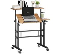 HOMCOM Bureau Assis Debout Bureau Réglable en Hauteur 70x60cm Marron Noir | Table Ordinateur à Roulettes, Plateau Inclinable, Poste de Travail pour Chambre, Petits Espaces