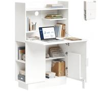 HOMCOM Bureau avec Plateau Pliable 80x30x128 cm Blanc | Bureau d'ordinateur avec étagères et armoire, bureau de travail moderne, pour bureau, salon