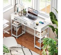 HOMCOM Bureau avec rangement avec prises de courant, 3 tiroirs en tissu et 4 étagères de rangement, 120 x 40 x 76 cm, blanc