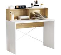 HOMCOM Bureau avec Rangement Table d'ordinateur 110 x 50 cm avec 2 Compartiments Ouverts et étagère de Rangement, Bureau Informatique pour Chambre, Petits espaces, Blanc et Naturel