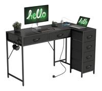 HOMCOM Bureau d'angle à 6 tiroirs avec crochet latéral et prises intégrées, en bois et acier, 126x48x80 cm, Noir
