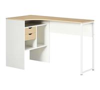 HOMCOM Bureau d'angle avec 2 tiroirs, 120 x 60 cm, Bureau en L avec 3 Compartiments Ouverts, Table Informatique pour étudier, Travailler, Chambre, Maison, Aspect chêne Clair