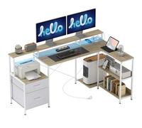 HOMCOM Bureau d'angle avec Prises et Lumières LED RGB 172x100cm Blanc