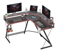 HOMCOM Bureau d'angle avec station de charge, 128 x 128 cm, bureau d'angle avec support pour PC, crochet pour casque et porte-gobelets, table en L pour ordinateur, bureau, studio, noir carbone