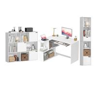 HOMCOM Bureau d'angle + bibliothèque Basse + bibliothèque Haute, Plateau pour Clavier, Compartiments Ouverts, tiroir, Meuble de Rangement pour Salon, Bureau, Chambre à Coucher, Blanc