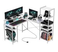 HOMCOM Bureau d'angle en Forme L, Bureau avec Rangement 137 cm - Prise intégrée, Support d'écran, Support CPU et étagère de Rangement, Bureau d'ordinateur pour Bureau à Domicile, Petit Espace, Blanc
