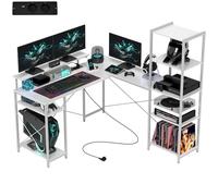 HOMCOM Bureau d'angle en Forme L, Bureau d'ordinateur avec Rangement 137 cm - Prise intégrée, Support d'écran, Support CPU et étagère de Rangement, pour Petit Espace, Blanc