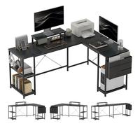 HOMCOM Bureau d'angle modulable réversible, Bureau avec Rangement 168-240 cm Style Industriel - étagère réglable, Sac de Rangement, Support d'écran, Bureau d'ordinateur pour 2 Personnes, Noir