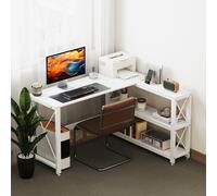 HOMCOM Bureau d'angle modulable réversible, bureau avec rangement, étagère de rangement, cadre en métal, 135x110x75cm, blanc