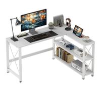 HOMCOM Bureau d'angle modulable réversible, Bureau avec Rangement Style Moderne avec étagère de Rangement, Cadre en métal, Table d'ordinateur pour Petits espaces, Salon, 135 x 110 x 75 cm, Blanc