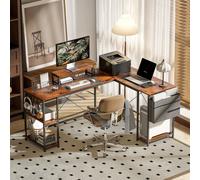 HOMCOM Bureau d'angle réversible, 168-240 cm, bureau d'ordinateur avec étagère réglable, support d'écran, brun rustique