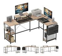 HOMCOM Bureau d'angle réversible, 168-240 cm, Bureau d'ordinateur avec étagère réglable, Support d'écran, Crochets et Sac de Rangement, Table Informatique pour Chambre ou Coin Travail, Bois Naturel