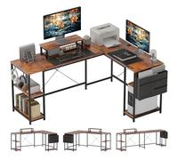 HOMCOM Bureau d'angle réversible, 168-240 cm, Bureau d'ordinateur avec étagère réglable, Support d'écran, Crochets et Sac de Rangement, Table Informatique pour Chambre ou Coin Travail, Brun Rustique