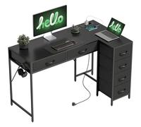 HOMCOM Bureau d'angle réversible avec prises électriques et ports USB, 126 x 48 cm Bureau d'angle en L avec 6 tiroirs en tissu, crochet latéral, pour ordinateur, bureau, étude, maison, noir