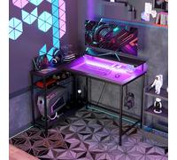 HOMCOM Bureau d'angle réversible, bureau d'ordinateur avec LED, 2 prises et 2 ports USB et panier réglable, 107x80x90cm, noir