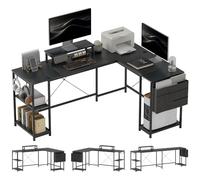 HOMCOM Bureau d'angle Réversible Étagère Réglable 168-240 cm Noir | Bureau d'Ordinateur, Support d'Écran, Crochets, Sac de Rangement, Table Informatique, Chambre ou Coin Travail