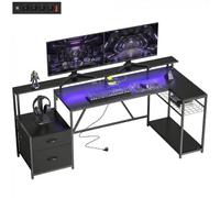 HOMCOM Bureau de Gaming Angle réversible avec LED Forme L 192.5x80cm | Bureau de bureau, prises de courant, support moniteur & CPU, 2 tiroirs en tissu, rangement fichiers A4/legal