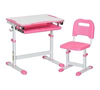 HOMCOM Bureau d'écolier 6-12 ans réglable en hauteur, ensemble bureau et chaise pour enfants avec plateau inclinable à 45°, tiroir, 2 porte-stylos et crochet, rose