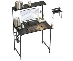 HOMCOM Bureau d'ordinateur, 80 cm, table d'étude avec étagère réglable, porte-gobelet, crochet pour écouteurs, cadre en métal, bureau d'écriture peu encombrant, noir