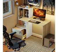 HOMCOM Bureau d'ordinateur avec bibliothèque 4 compartiments et tiroir verrouillable, 126 x 50 x 109 cm, chêne et blanc