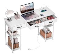 HomCom Bureau d'ordinateur 120 x 40 cm - 2 prises USB, 2 prises courant, 3 tiroirs en tissu, blanc