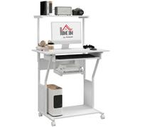 HOMCOM Bureau d'Ordinateur avec Rangement Roulant 80 x 50 x 130 cm Blanc | avec Étagères de Rangement, Poste de Travail, Plateau pour Clavier, Table Informatique sur Roulettes